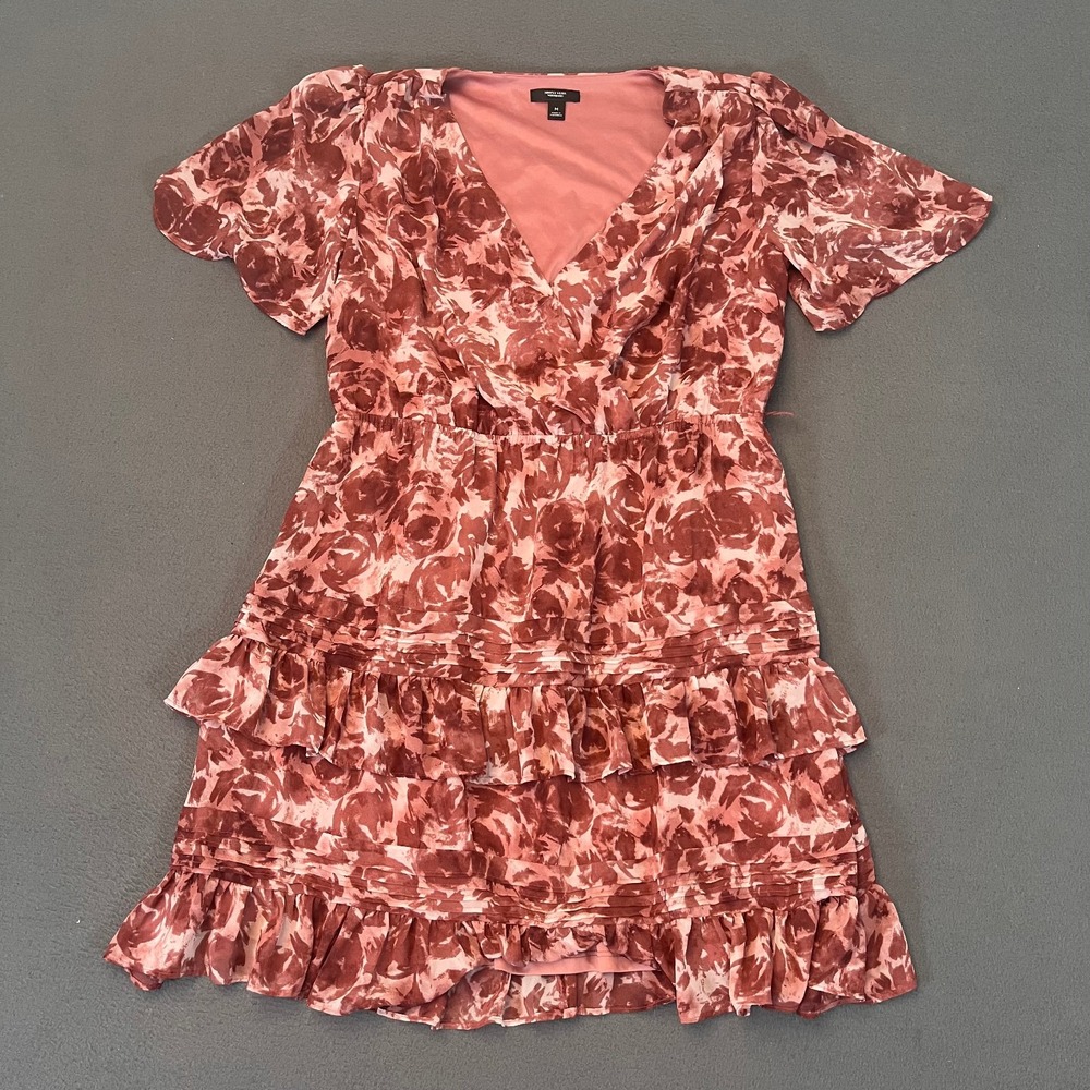 Simply Vera Wang Med Midi Dress Pink Abstract Floral Ruffle V-Neck Tie Waist